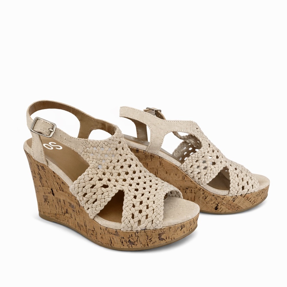SO Beige Woven Cork Wedge Sandals 8 taffy natual